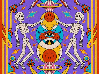 DISCOLINES & PLUKO - Feel it album colorful cover death design flower graphic design happy illustration merch mushroom music planet psychedelic skeleton skull smile universe