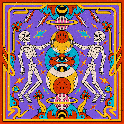 DISCOLINES & PLUKO - Feel it album colorful cover death design flower graphic design happy illustration merch mushroom music planet psychedelic skeleton skull smile universe