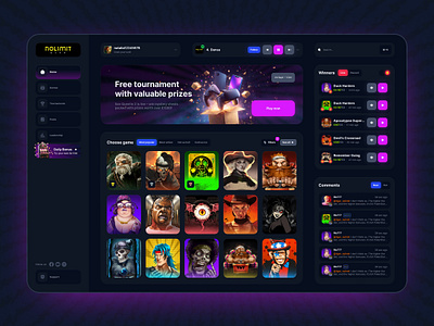 Casino Dashboard UI for NoLimit City app design betting casino dark mode dashboard design figma gambling gaming interactive interface neon product redesign slots ui ux visuals web app