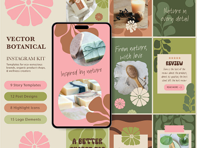 Botanical Instagram Templates for Eco Brands botanical branding design eco floral graphic design illustration instagram logo post shapes story template ui vector welness