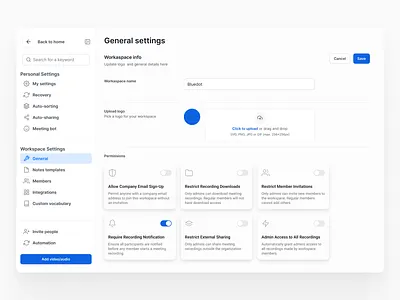 General settings page ai designer product saas ui ux webextension website