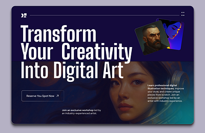 Hero UI Concept for a Digital Art Workshop Landing Page creativeweb digitalart dribbblepro figmadesign heroheader landingpage uidesign uiexploration visualstorytelling webdesign