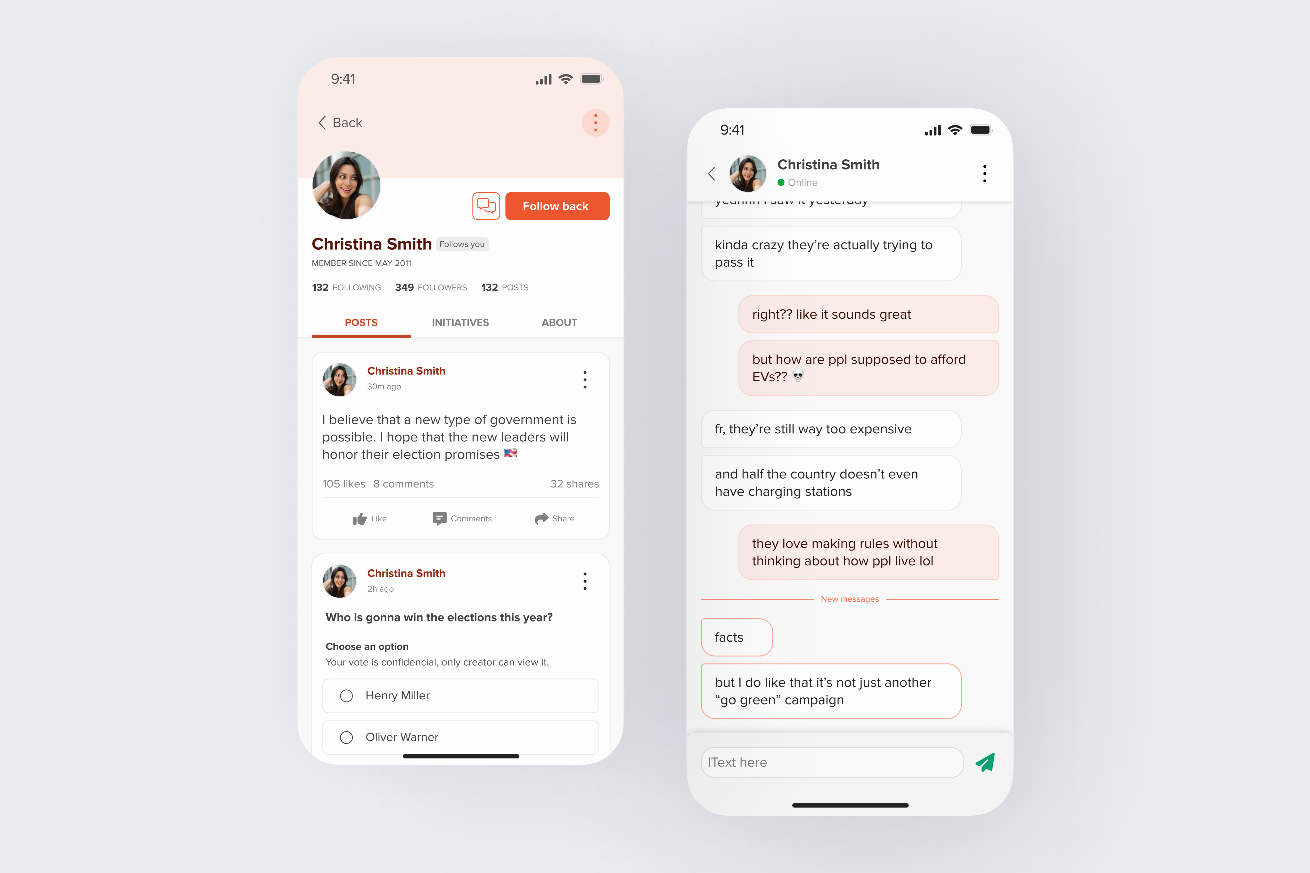 Chatting with a friend on a political social network app chat crowdfunding messages mobile product design ui user profile ux