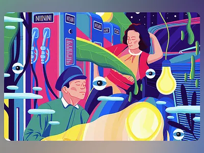 Eyes Between Neon Reflections Illustration ambient storytelling artistic fantasy character abstraction conceptual art creative narrative dream sequence editorial artwork expressionist illustration floating elements gas station modern surrealism neon palette pop surrealism psychedelic style retro fantasy strange beauty surreal illustration symbolic imagery visual metaphor