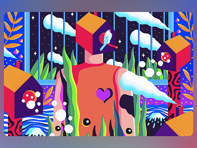 Illustration - Surreal Nature Dreamscape Journey abstract landscape character design conceptual artwork creative escape dream world emotional symbolism fantasy nature fantasy realm imaginative art modern surrealism narrative artwork nature fantasy neon colors psychedelic style surreal illustration vibrant palette visual metaphor whimsical elements