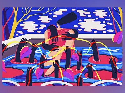 Connection Through Liquid Memory Illustration abstract hands artistic bond bold colors conceptual illustration digital surrealism dreamlike pool emotional art emotional storytelling expressive style fantasy scene feeling depth fluid narrative heart strings love connection modern surrealism relationship symbolism surreal embrace symbolic elements vibrant composition visual metaphor