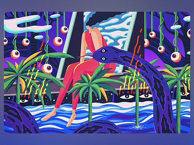 Dream Jungle of Surreal Eyes Art abstract nature colorful nightmare cosmic vibes digital surrealism dream world dual serpent eerie tropics emotional chaos eyeball plants faceless figure fantasy scene imaginative landscape modern illustration mystic creatures neon fantasy psychedelic artwork surreal jungle tropical hallucination vibrant surrealism