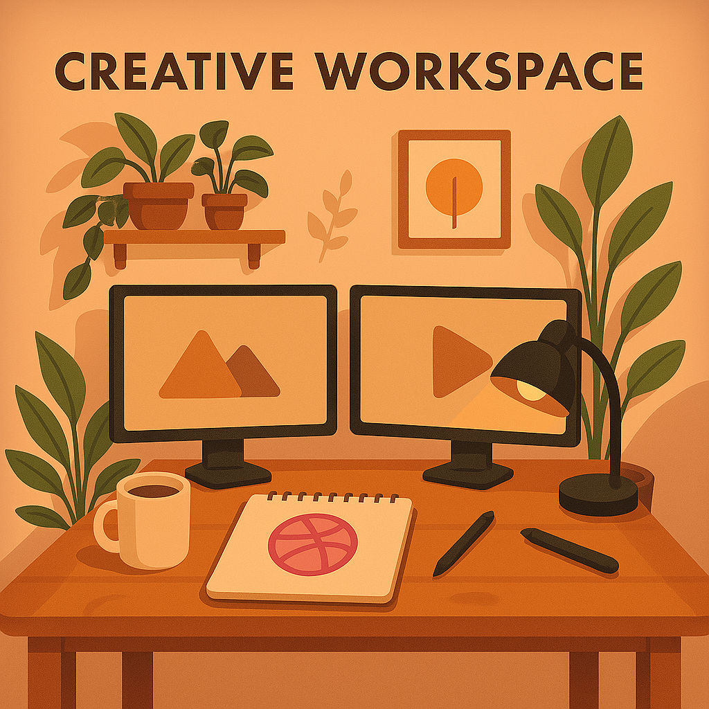 Creative Workspace – Dribbble Weekly Warm-Up art studio setup cartoon concept art workspace cozy desk creative workspace digital art digital workspace art flat illustration flatdesign home studio design illustration illustration for creatives minimal design minimal home office modern flat art productivity illustration productivity space uiux designer desk vector illustration workspaceart