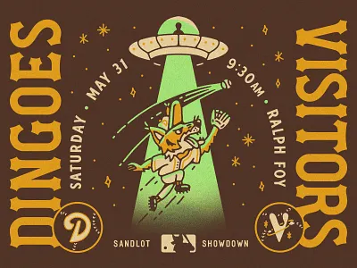 Dingoes vs Visitors Sandlot Poster abduction alien athletic baseball dingo dingoes flyer game poster illustration instagram los angeles mascot outer space poster sandlot social space sports stars vintage