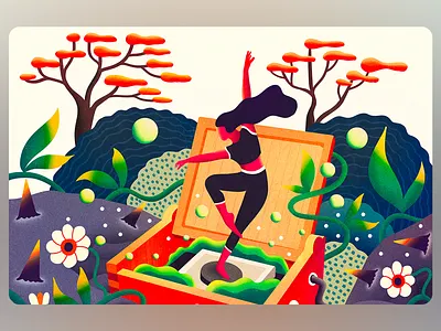 Dancing Free Inside the Garden Illustration abstract plants bold colors colorful landscape creative foliage dancing figure dream world ethereal journey fantasy nature fantasy style forest surrealism illustrated moment imaginative concept lush growth magical garden mystical forest nature escape secret chest surreal illustration vibrant scene wild nature