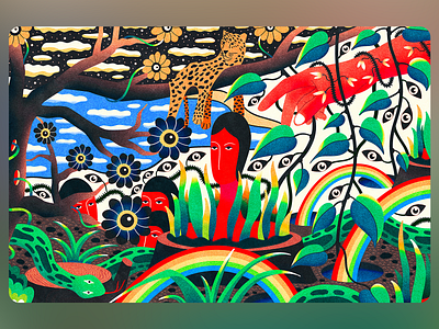Eyes Beneath Jungle Surface Illustration bold composition colorful narrative cultural symbolism editorial style fantasy jungle hidden faces jungle fantasy jungle illustration modern folklore mysterious jungle mythic scenery narrative art psychedelic artwork spiritual nature surreal foliage symbolic elements tribal themes tropical magic vibrant nature visual poetry