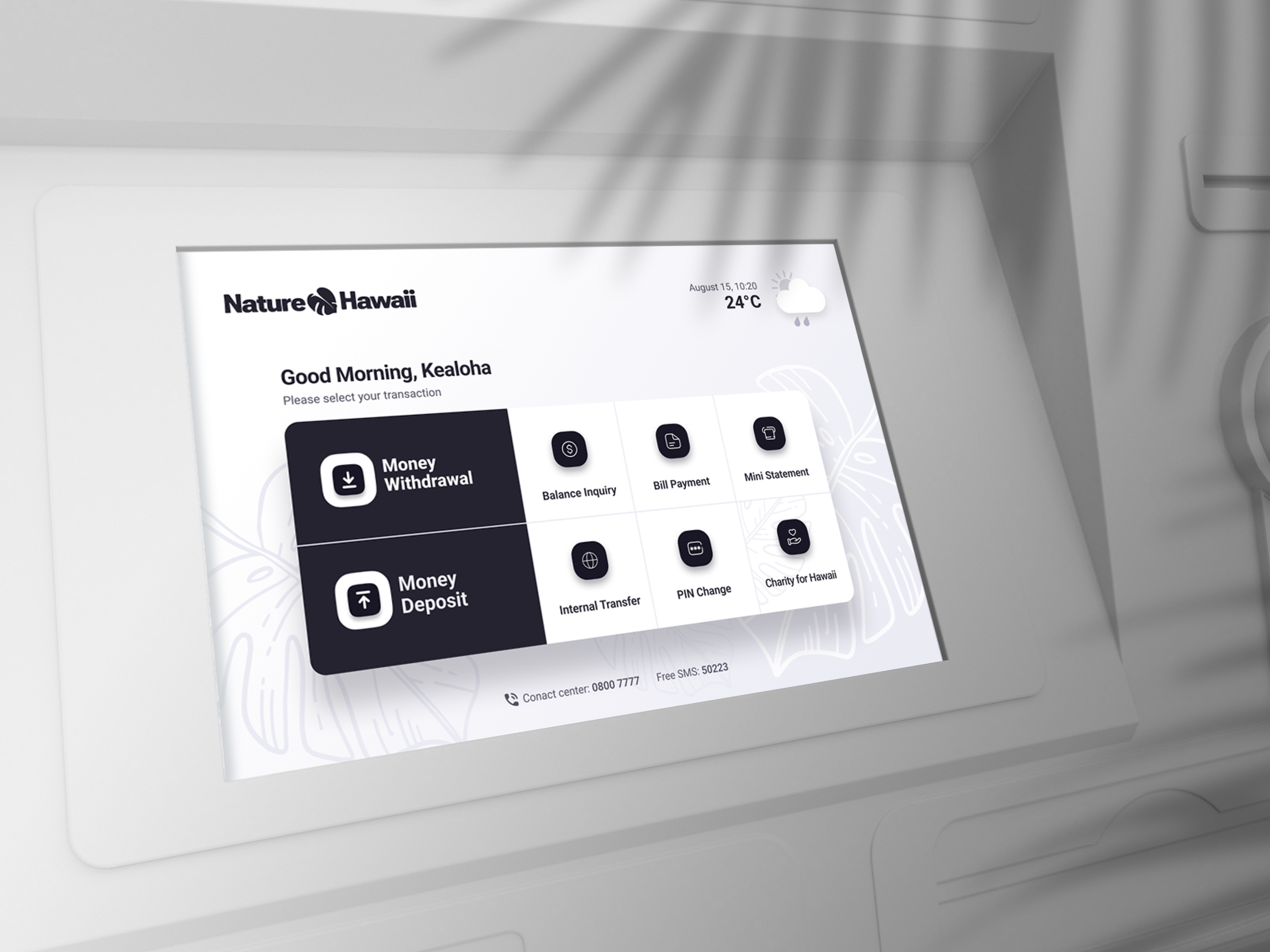 ATM for the Bank of Nature Hawaii atm atmui banking bankingkiosk branding darkmode dashboard display dynamicui fintech lightmode ui ux
