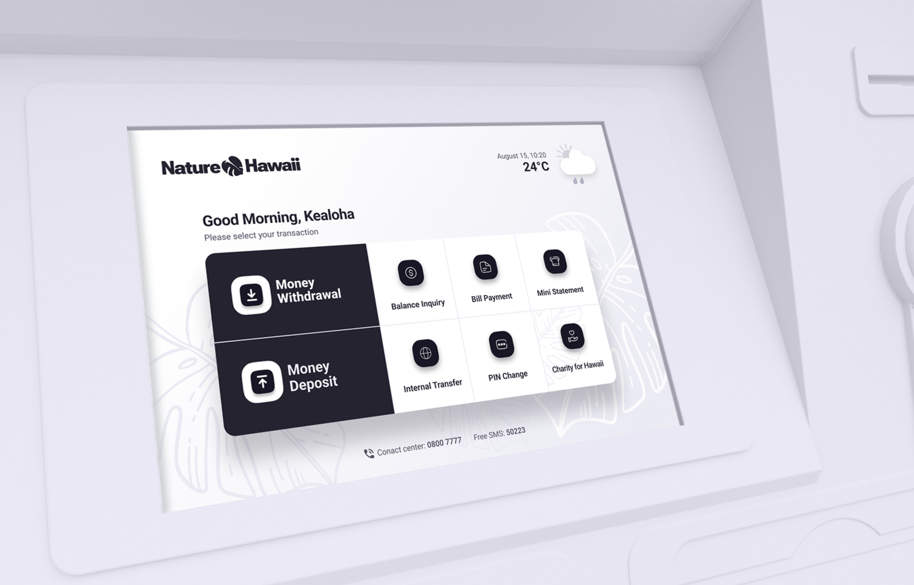ATM for the Bank of Nature Hawaii atm atmui banking bankingkiosk branding darkmode dashboard display dynamicui fintech lightmode ui ux