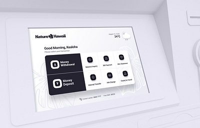 ATM for the Bank of Nature Hawaii atm atmui banking bankingkiosk branding darkmode dashboard display dynamicui fintech lightmode ui ux