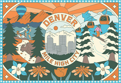 Denver Chocolate Box packaging for DIA boulder branding chocolate colorado denver food hiking hot air balloon illustration landscape mountains nature outdoors packaging ski vail wild flowers