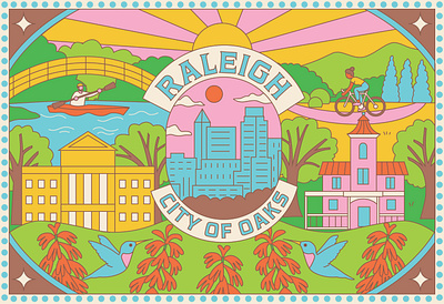 Raleigh Airport Chocolate Box packaging illustration bike bird branding chocolate city colorful design flowers food illustration kayak landscape nature north carolina outdoors packaging raleigh
