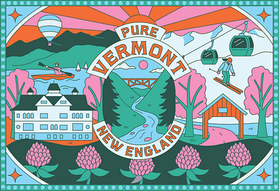 Vermont Airport Chocolate Box packaging illustration airport branding bridge chocolate design illustration kayak landscape mountains nature new england outdoors packaging river ski summer vermont wildflower winter