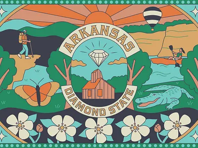Arkansas Airport Chocolate Box packaging illustration aligator arkansas branding butterfly camping chocolate diamond state flowers gator hike hiking illustration kayak mountains national park nature outdoors ozarks packaging wildflowers