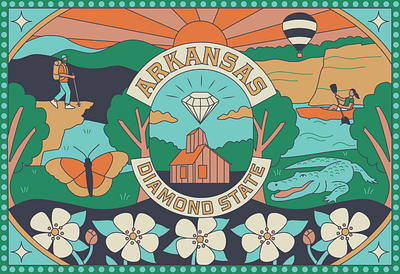 Arkansas Airport Chocolate Box packaging illustration aligator arkansas branding butterfly camping chocolate diamond state flowers gator hike hiking illustration kayak mountains national park nature outdoors ozarks packaging wildflowers