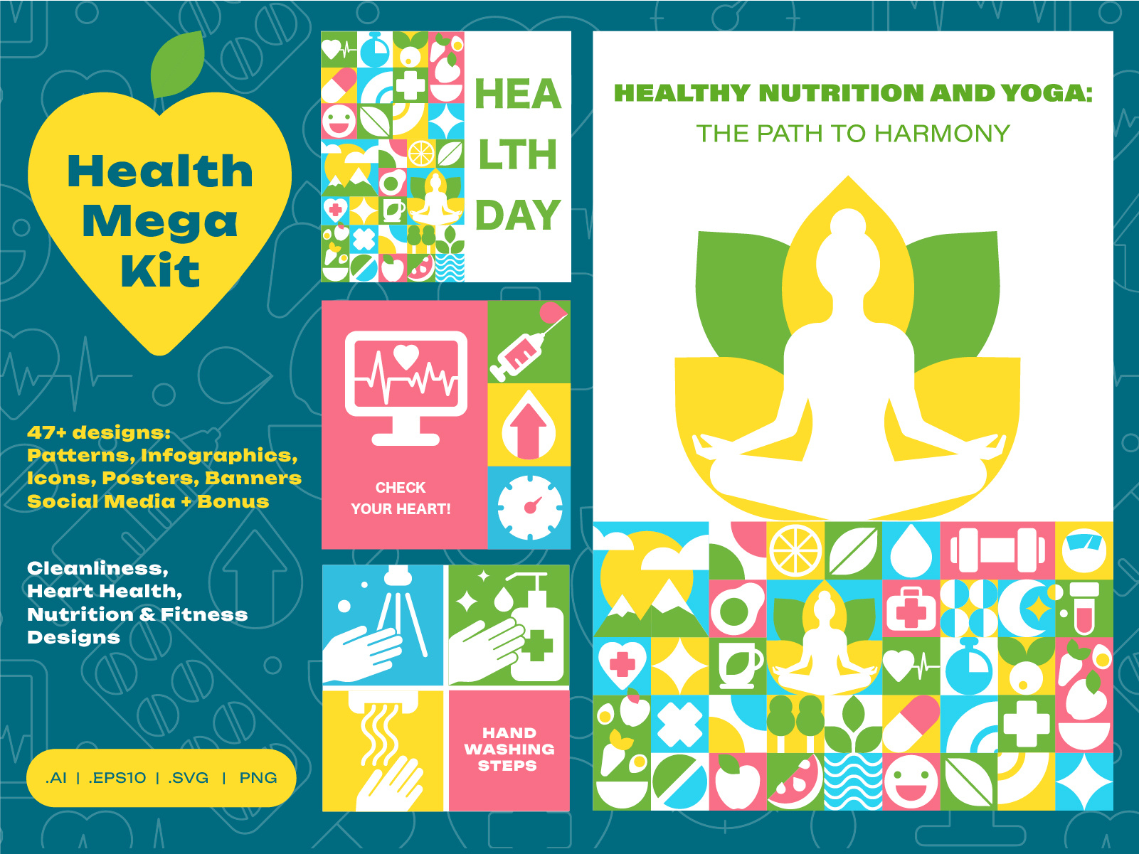 Healthy Living Geometric Design background branding design flat geometric graphic design health healthy icons illustration medical modern mosaic pattern posters set vector