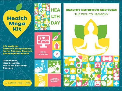 Healthy Living Geometric Design background branding design flat geometric graphic design health healthy icons illustration medical modern mosaic pattern posters set vector