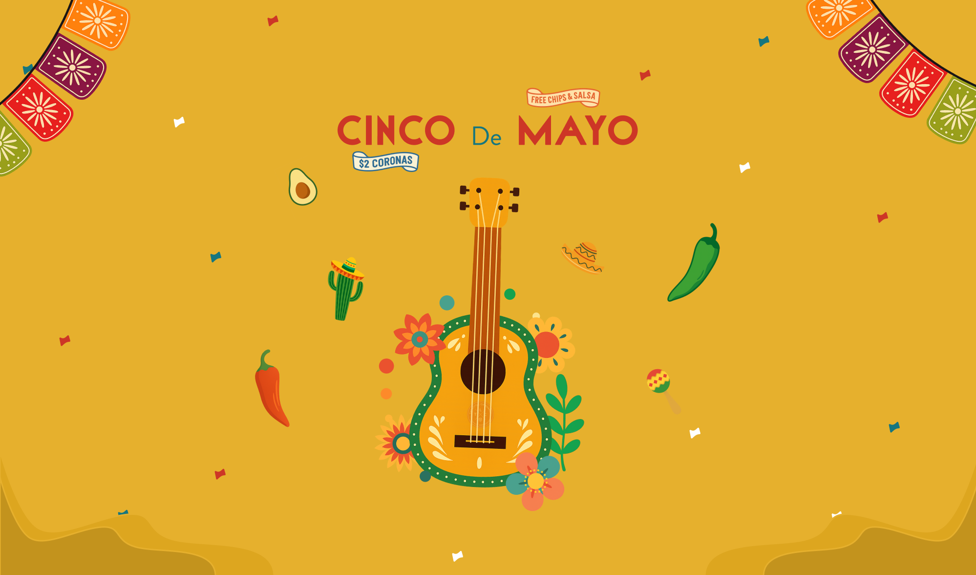 Cinco De Mayo avocado branding cactus chili pepper cinco de mayo confetti graphic design guitar illustation holiday design illustration mexican culture mexican resturant poster design sombrero vector