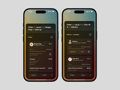 Voice-powered meals ai cards confirmation icon iphone mobile status summary ui voice