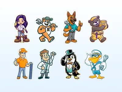 HVAC Mascots brand character cute graphic design heating and cooling home service home service brand hvac hvac brand illustration logo maintenance mascot plumbing vector art