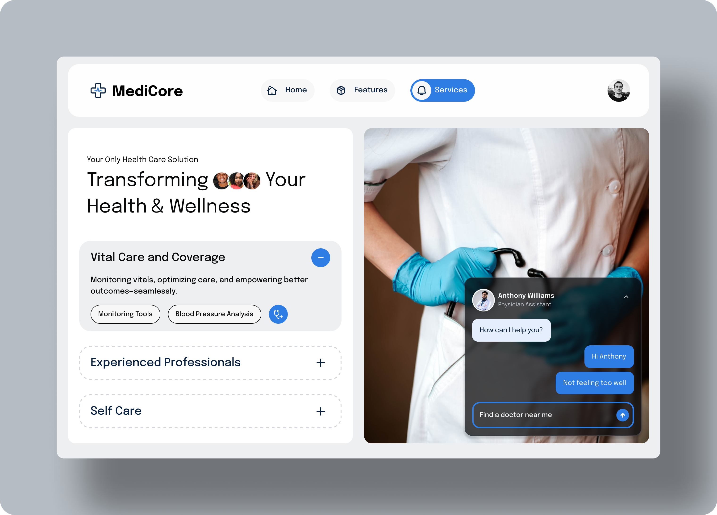 MediCore Landing Page blue chatbot assistant health healthcare landing page medical medtech startup ui ux web design wellness white