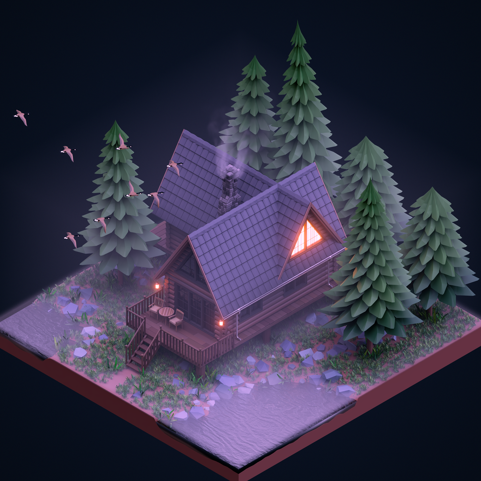 Example of Cozy Cabin in the Woods – Low Poly 3D Scene
