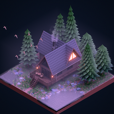 Cozy Cabin in the Woods – Low Poly 3D Scene 3d blender cabin cottage cozy digital art diorama environment design forest isometric low poly nature peaceful stylized art stylized scene