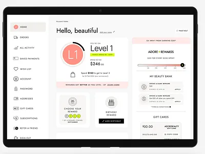 Beauty Dashboard concept beauty profile dashboard levels progress rewards