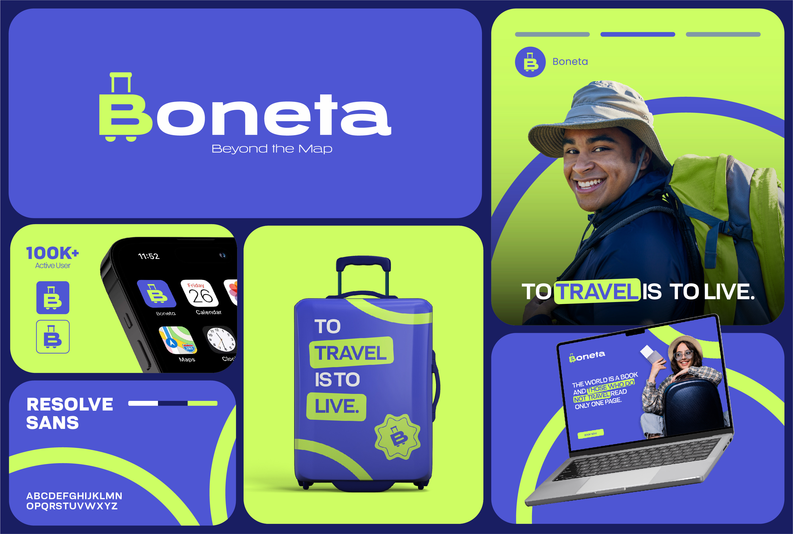 Boneta Custom and Modern Travelling Branding adventure brand guidelines brand identity brand identity design brand style guide branding branding kit color graphic design logo logo design merchendise mockup social media kit stationery design travel travelling typography visual identity website front page design
