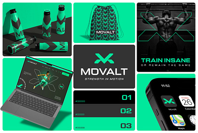 Movalt Gym/Fitness Branding Kit app icon bag design bottle design brand book brand guidelines brand identity brand identity design branding branding kit color fitness graphic design gym icon design instagram post design logo design typography visual identity website front design
