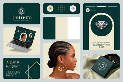 Diamora Jewelry Branding Kit app icon brand guidelines brand identity brand identity design branding branding kit color female feminine graphic design instagram post template jewelry logo logo design packaging stone typography visual identity website front
