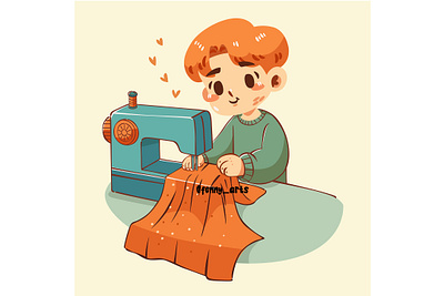 Illustration of Child Sewing with Sewing Machine activity artist career cartoon clothing craft designer dresses equipment fabric fashion garments hobbies industry lifestyle moda sewing tailor textile