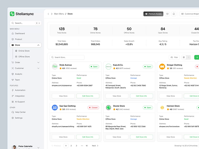 Stellarsync - SAAS CRM Dashboard Store Page animation card clean cmr cmr dashboard crm dashboard data management design list store management management store minimal store table ui uiux ux