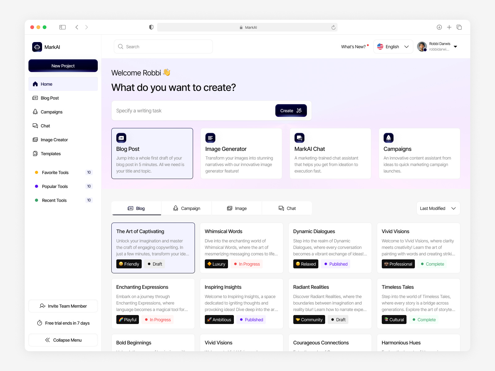 MarkAI - AI for Marketing (Project List View) ai assistant ai copywriting tool ai dashboard ai for social media ai image generator ai seo tool ai tools blog generator campaign manager chatbot ui dashboard marketing marketing dashboard saas saas product seo optimization smart marketing social media automation ui kit ui ux