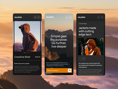 Valdera - Mobile Hiking Shop app design app hiking hiking shop jaket mobile mobile app mountain natural sky sunrice sunset tracking app