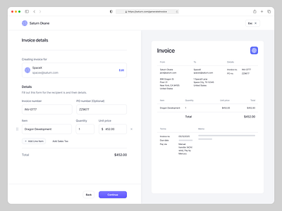 Saturn Generate Invoice - Finance Dashboard dashboard finance invoice