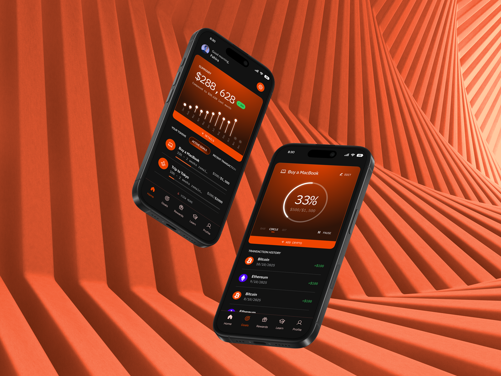Crypto Saving Goals UI — Track & Grow Your Assets crypto cryptoapp darkmode fintechui mobile app productivity savinggoals ui ui design