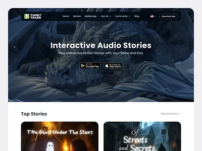 Twist Tales - Interactive Audio Stories Web Design audio business website company profile design hero section interactive audio landing page modern website platform ui uidesign uiux ux uxdesign voice driven web app web design web interface design web ui website