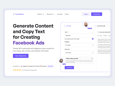 Tone Masters - AI Copywriting Hero Section ai aicopywriting animation article artificial intelegence blog blogs writer chatgpt content marketing copywriter copywriting gpt 3 landing pages marketing motion graphics saas websites writer writesonic writing