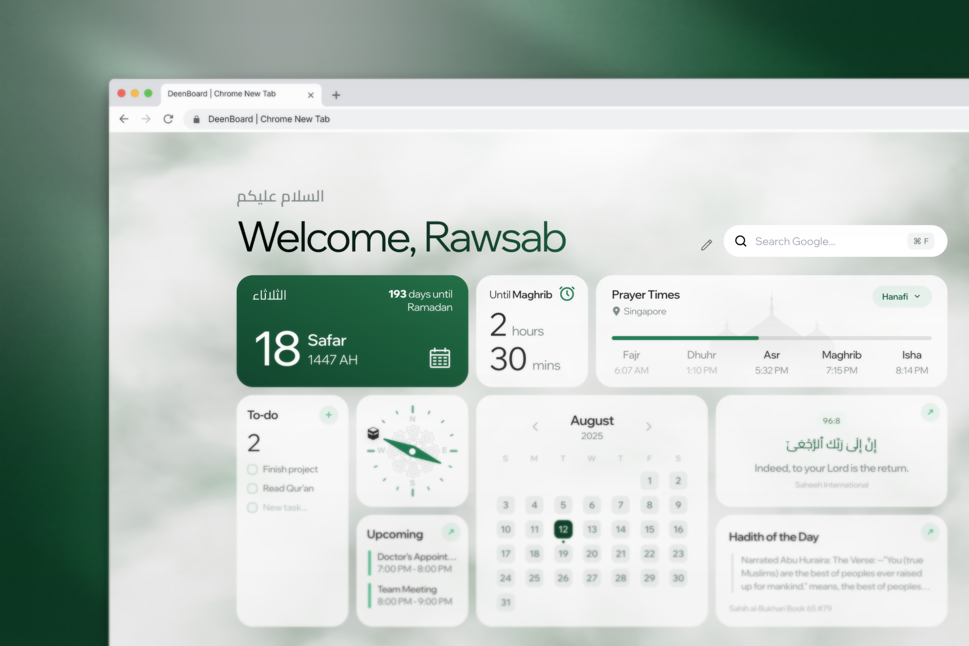 DeenBoard - New Tab page browser dashboard design islamic web design