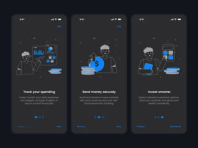 Finzo – Finance App Walkthrough UI app design budget tracker dark mode dribbble figma finance app finance mobile app finance ui fintech fintech ui investment app minimal design modern ui money app onboarding ui design uiux user interface walkthrough