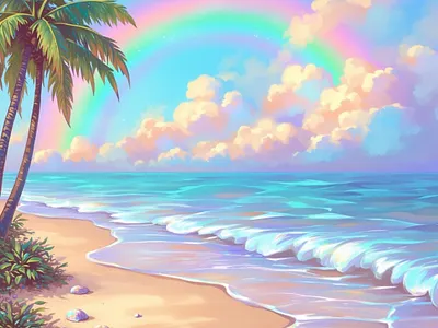 Serene beach scene with rainbow clipart colourful creative digital art design digital artwork graphic design illustration