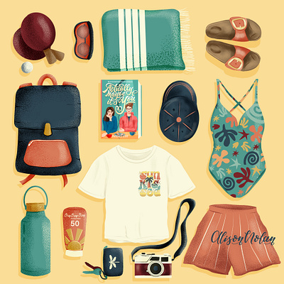 Pack Your Bags beach day design details digital drawing challenge editorial female illustrator flat lay hand drawn illustration pack your bag procreate textured illustration