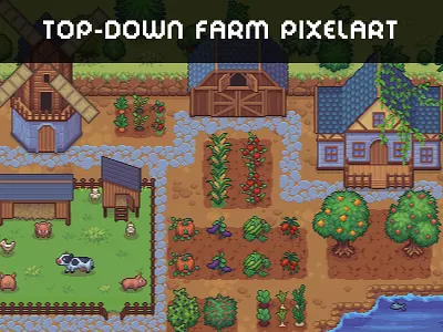 Top-Down Farm with Animals Pixel Art Asset Pack 2d animal assests asset fantasy farm farmer game game assets gamedev illustration indie indie game mmorpg pixel pixelart rpg top down topdown