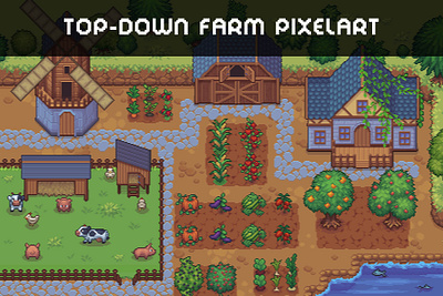 Top-Down Farm with Animals Pixel Art Asset Pack 2d animal assests asset fantasy farm farmer game game assets gamedev illustration indie indie game mmorpg pixel pixelart rpg top down topdown