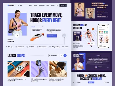 Fitpro - Website for Fitness Tracking Devices activity fitness tracker ecommerce fitness fitness tracker fitness tracking fitness tracking devices health health tracker health tracking landing page landingpage smartwatch uiux design web design webdesign website design website designer wellness workout